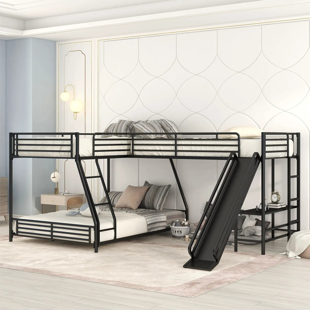 L Shaped Triple Bunk Bed | Twin Over Full Frame | Built In Desk | Black
