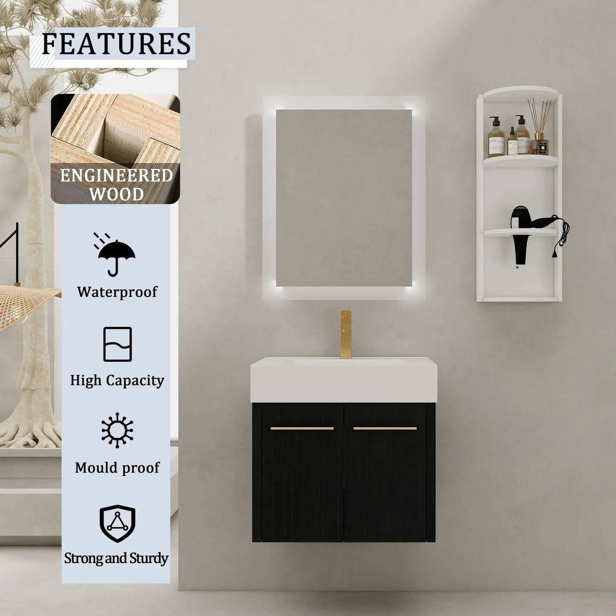 Modern Wall Mounted Bathroom Vanity With Resin Sink And Storage Rack | 2 Pieces | Stainless Steel & Plywood | Bathroom
