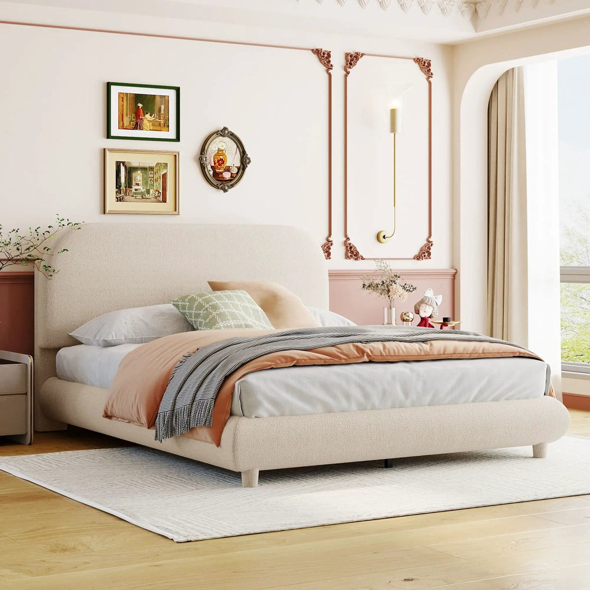 Upholstered Platform Bed With Thick Solid Frame And Stylish Curve-Shaped Design | 2 Pieces | Fabric & Wood | Bedroom