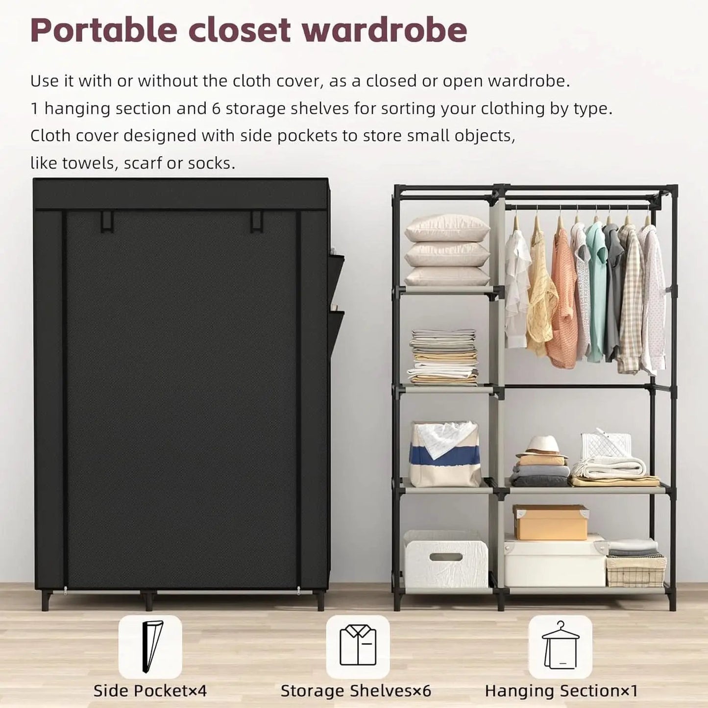 Portable Closet Organizer Black With 6 Shelves And Rod from PriceLows™