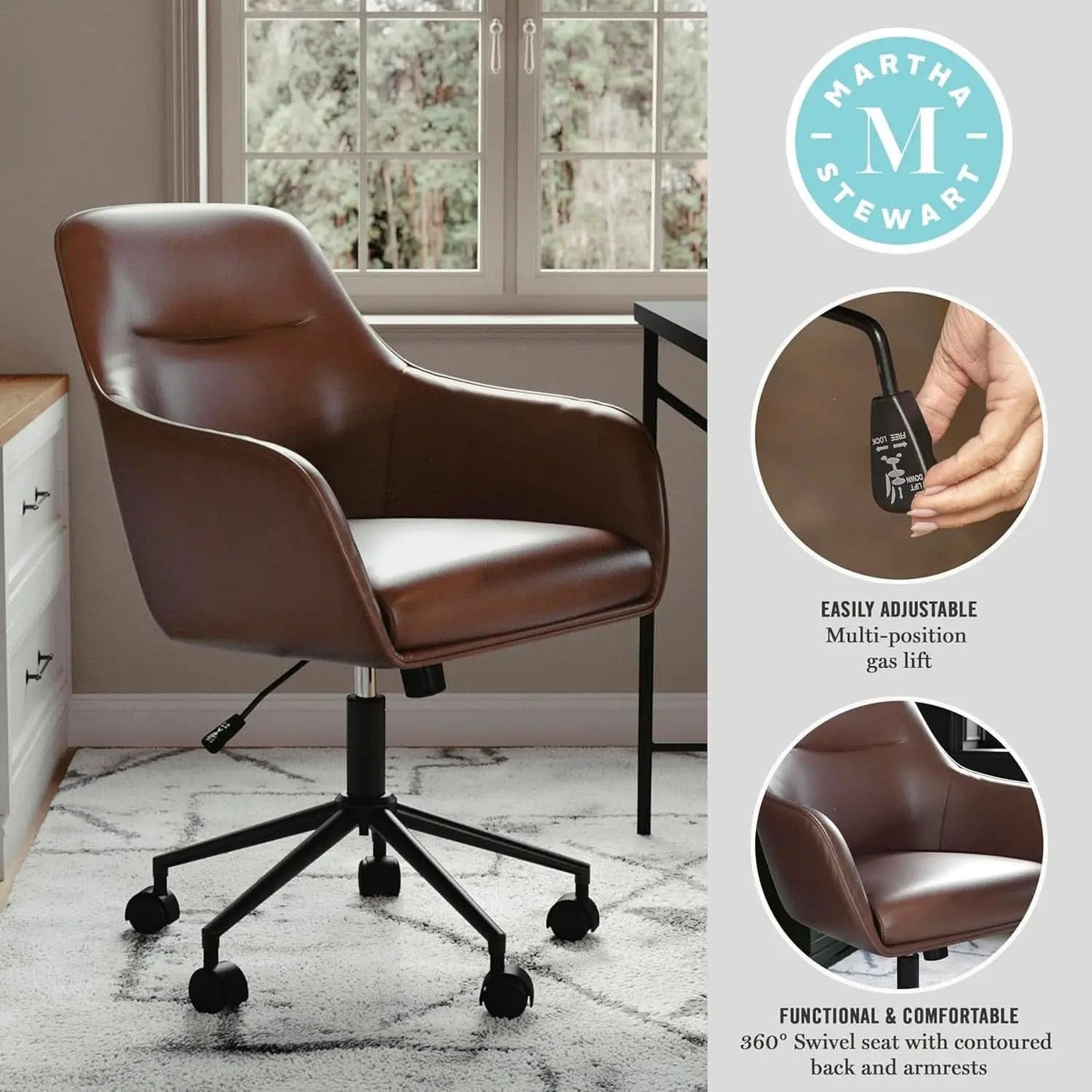 Rayna Swivel Task Chair Saddle Brown With Flared Arms from PriceLows™