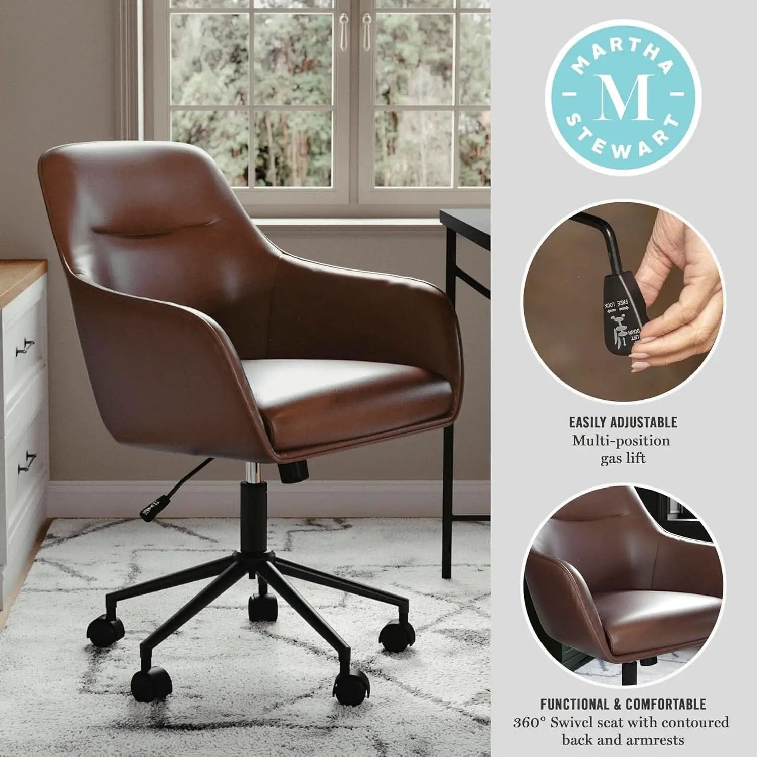 Rayna Swivel Task Chair Saddle Brown With Flared Arms from PriceLows™