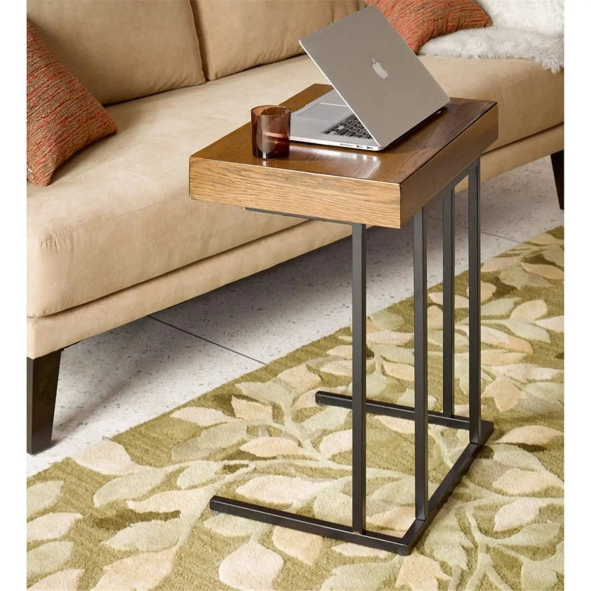 Wynn Pull Up Table | Pecan Finish | Storage Compartment | Metal Base