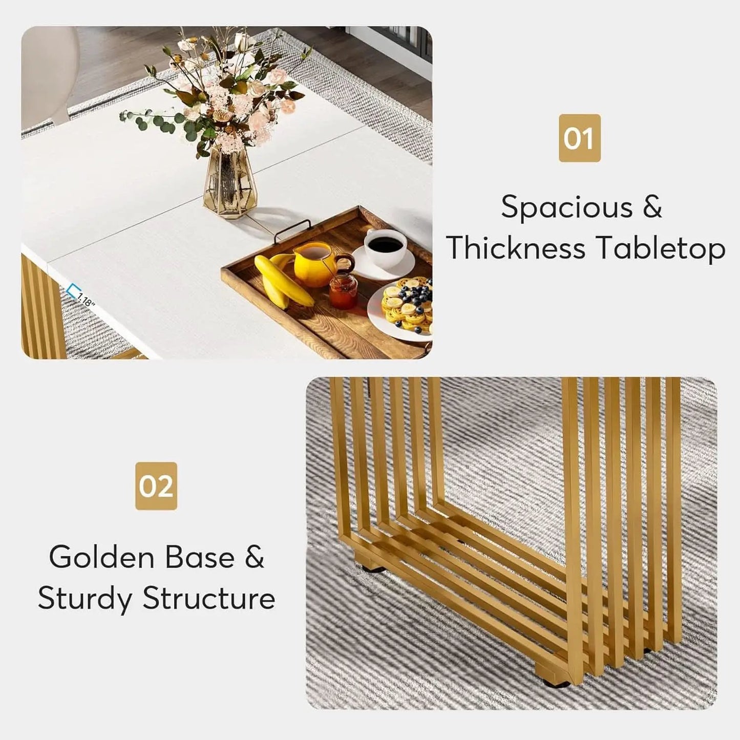White Gold Wood Dining Table 70 Inch Rectangular For Dining Room from PriceLows™