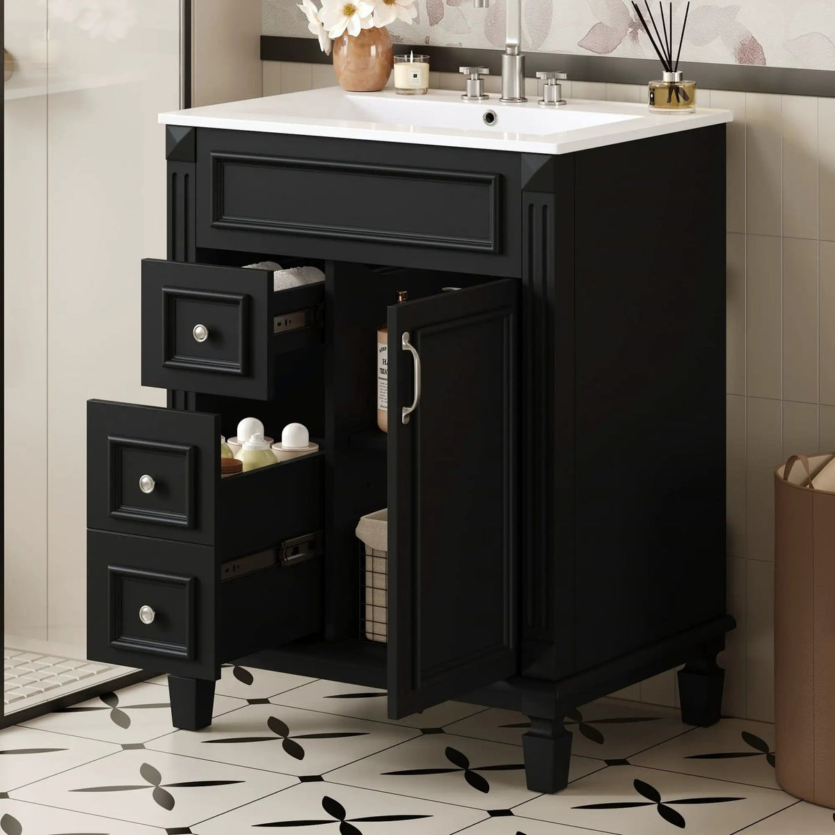24 Inch Compact Bathroom Vanity | 2 Deep Drawers | Adjustable Shelf | Retro Button Handles