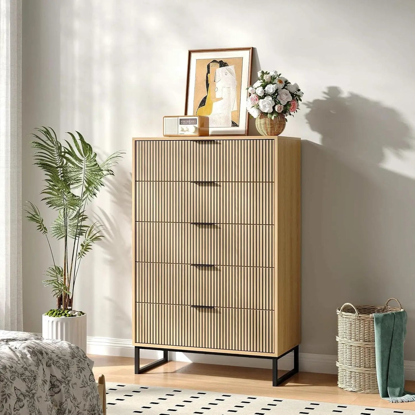 49.2 Inch Tall Five Drawer MatteNaturalFinish Dresser from PriceLows™