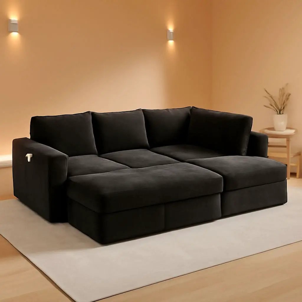 Black 83Inch Deluxe Sleeper Sectional Sofa With Storage from PriceLows™