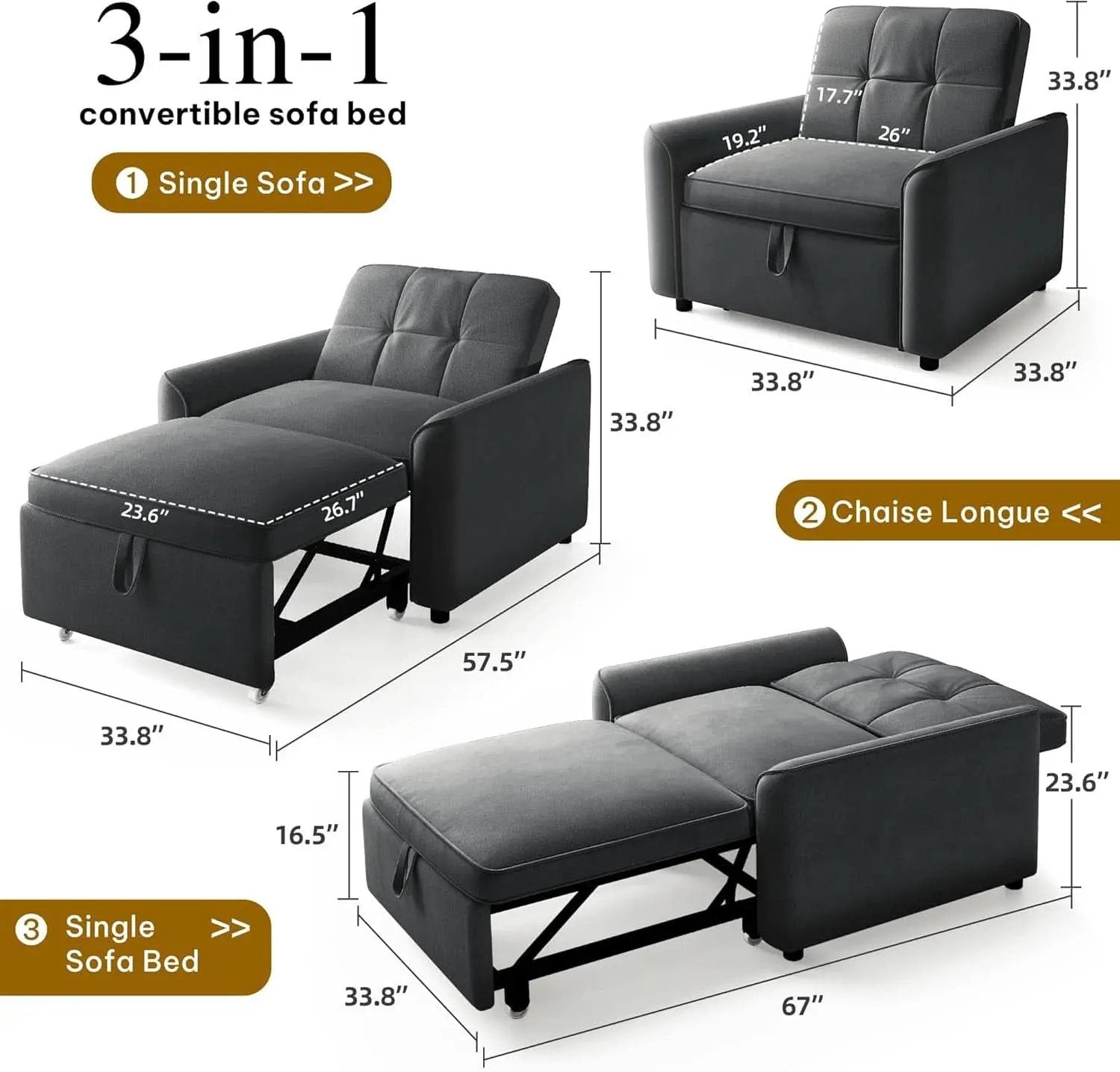 Convertible Sofa Bed Chair Gray Velvet Upholstered from PriceLows™