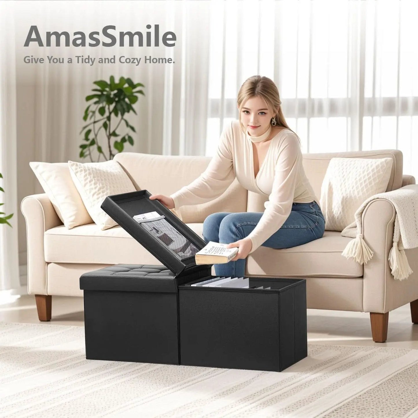 Ottoman With Premium Black Storage 34 Inch Dimension from PriceLows™