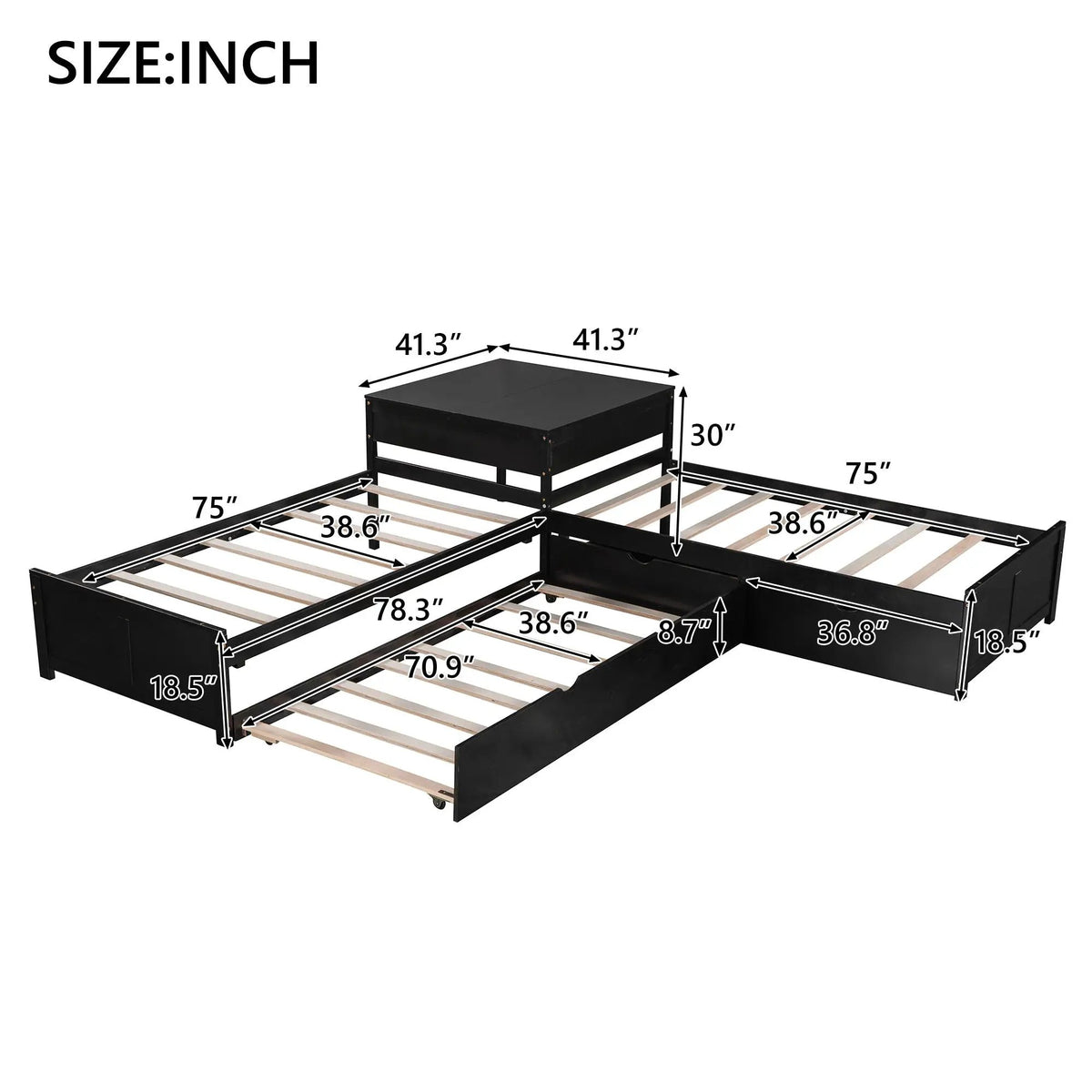 L Shaped Platform Bed | Built In Desk | Trundle With Drawers | Twin Size