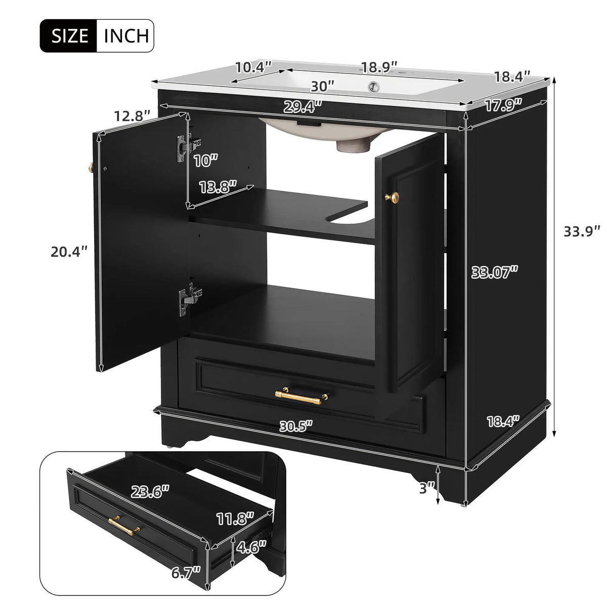 30 Inch Bathroom Vanity | Poplar Wood Frame | 2 Soft Closing Doors | Adjustable Shelf