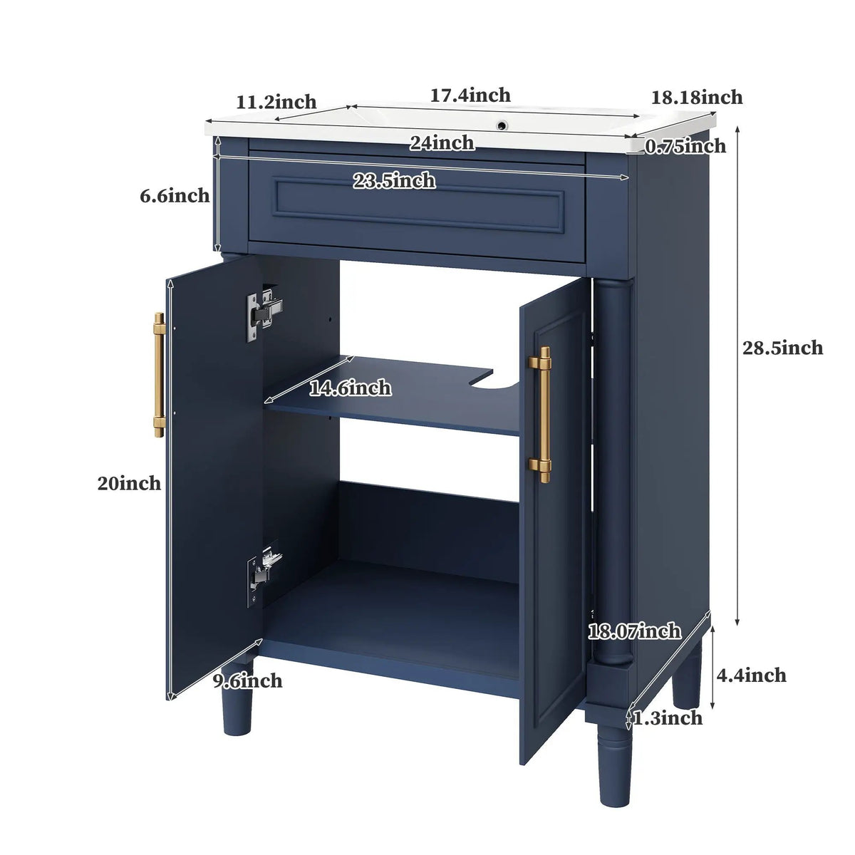24 Inch Bathroom Vanity | Integrated Sink | 2 Door Cabinet | Small To Medium Bathrooms