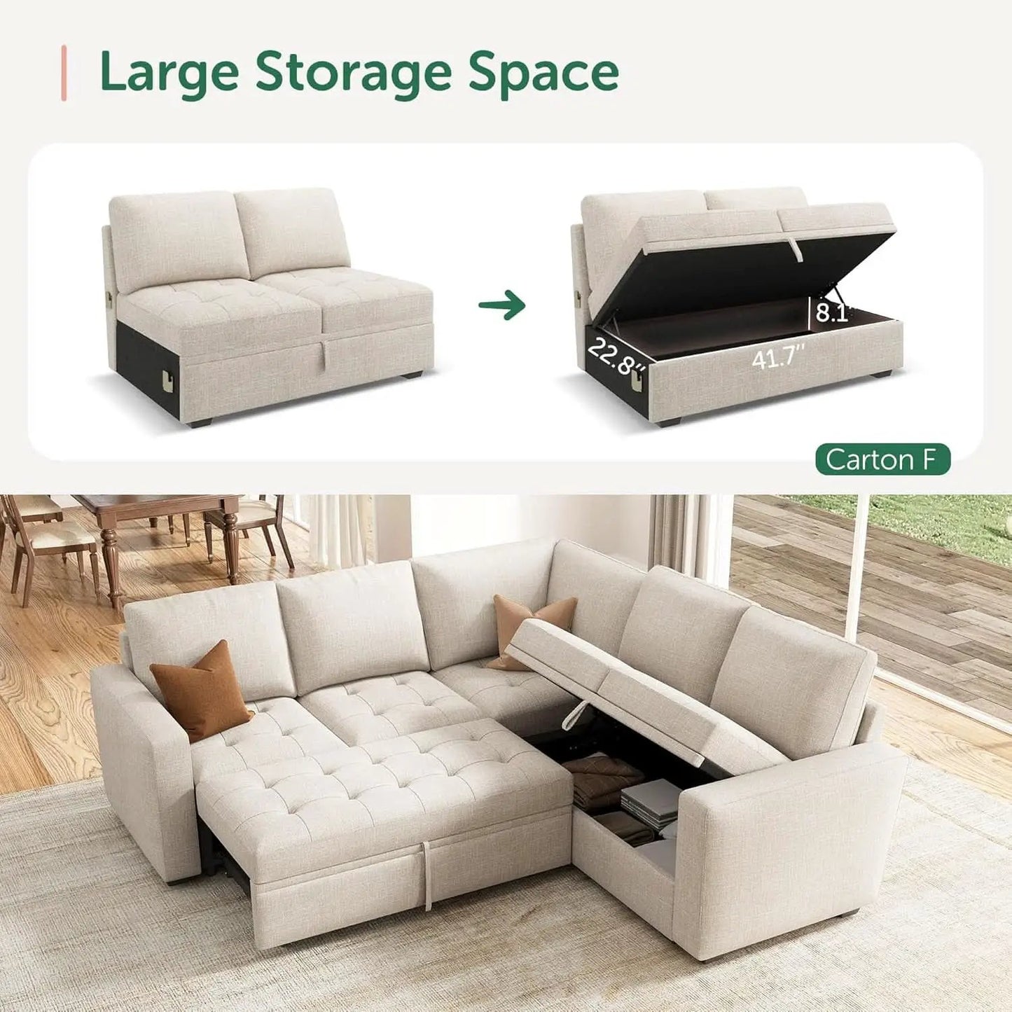 Beige Modular Sleeper Sectional Sofa With StorageBin from PriceLows™