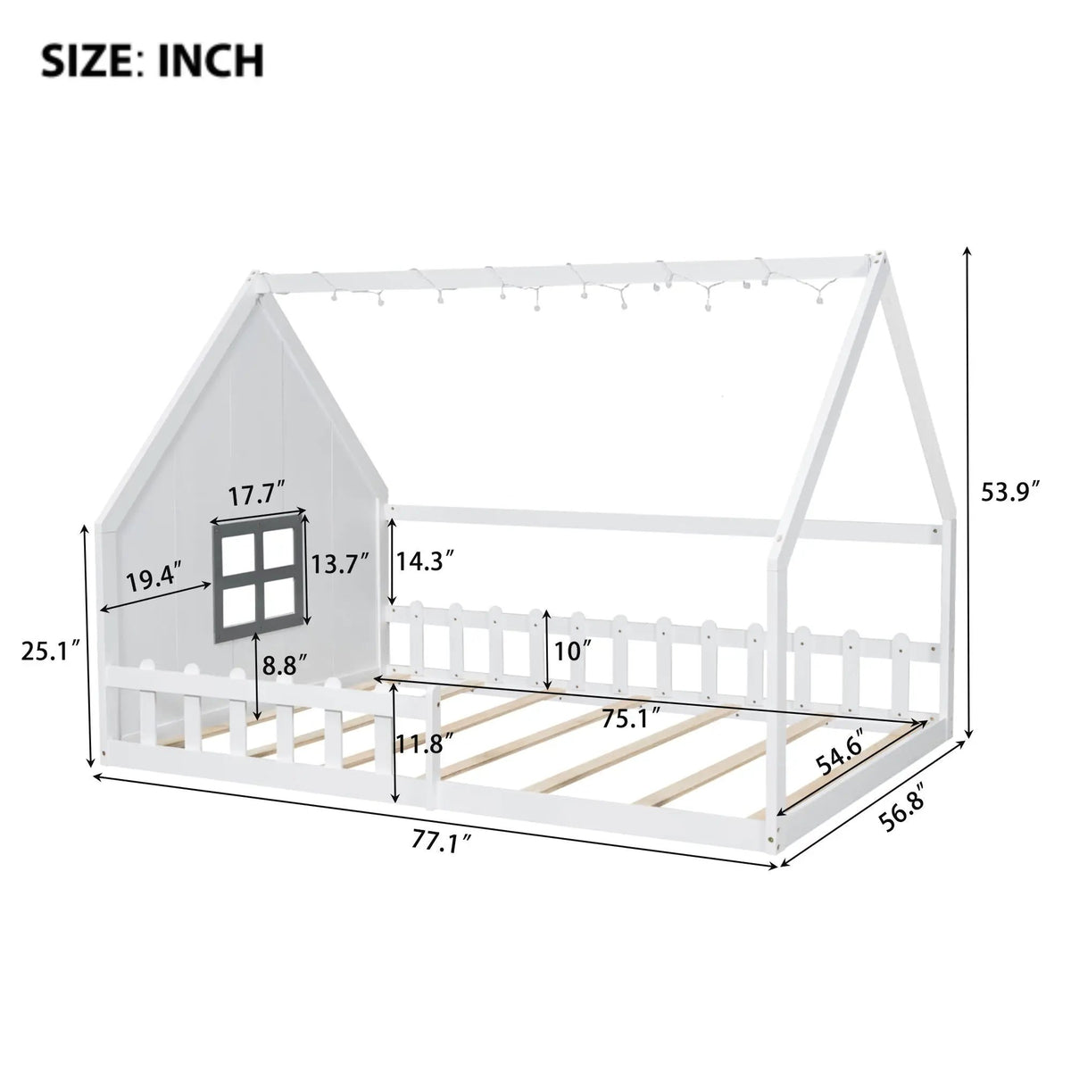 Platform House Bed | Window And Fence Design | Solid Pine Wood | Built-In LED Light