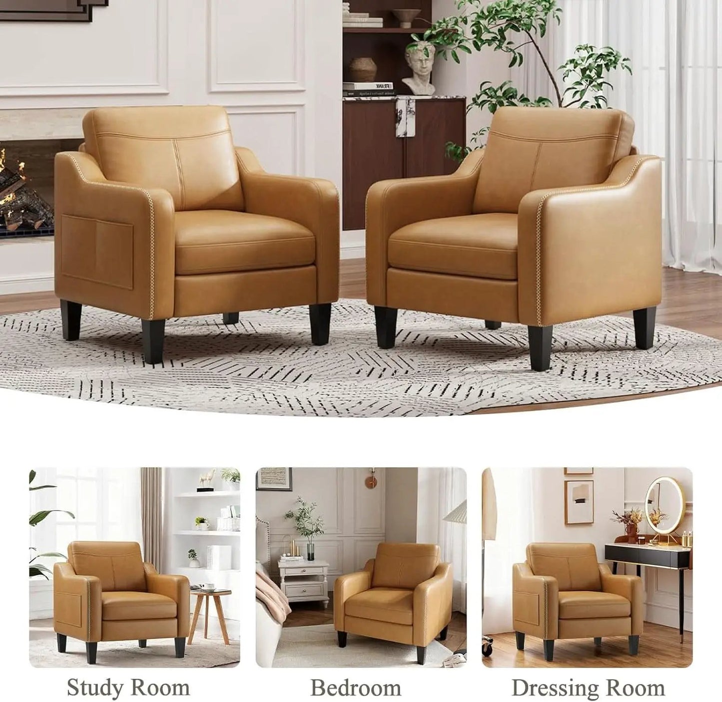 Brown PU Leather Accent Armchair With Removable Cushions from PriceLows™