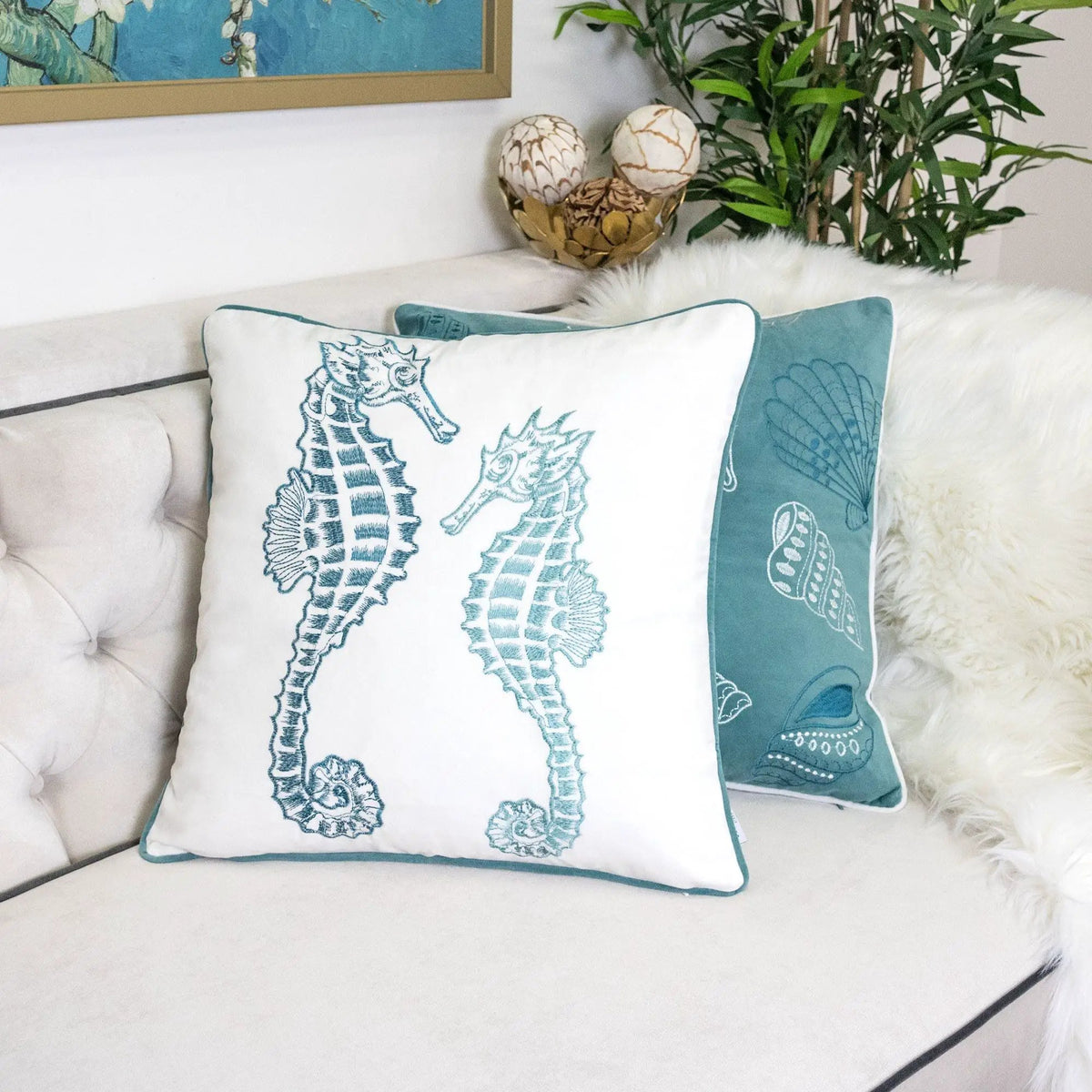 Seahorses Pillow Cover | 20x20 Inch | Matching Back | Hidden Zipper