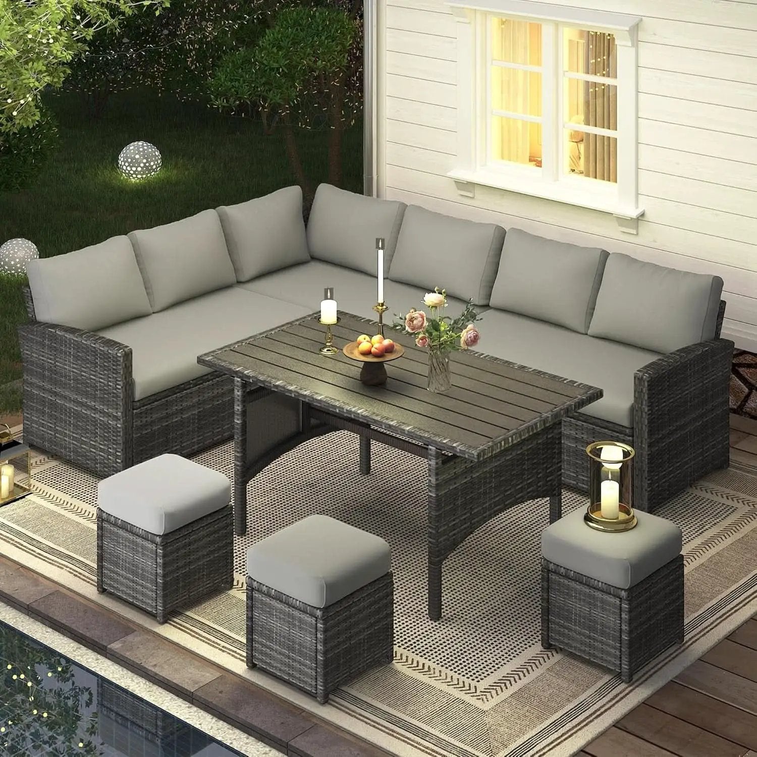 7 Piece Outdoor Patio Sectional Set All Weather Wicker Grey Cushions from PriceLows™