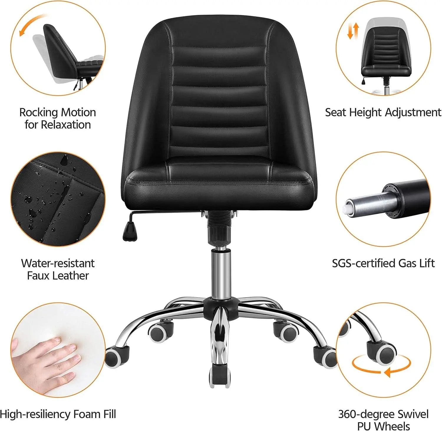 Armless PU Leather Office Chair Adjustable Height Black from PriceLows™