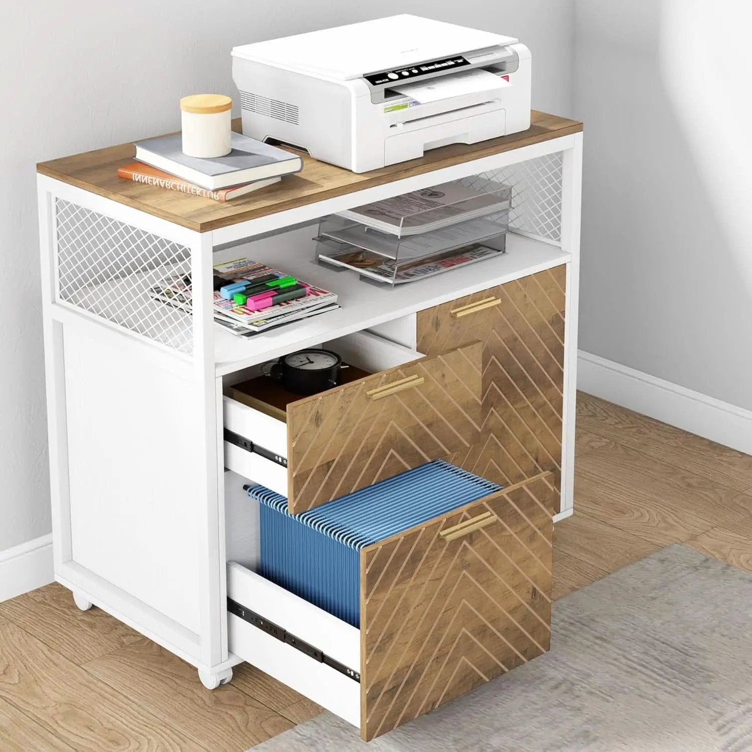 Modern File Cabinet With Drawers In Dark Walnut Casters from PriceLows™