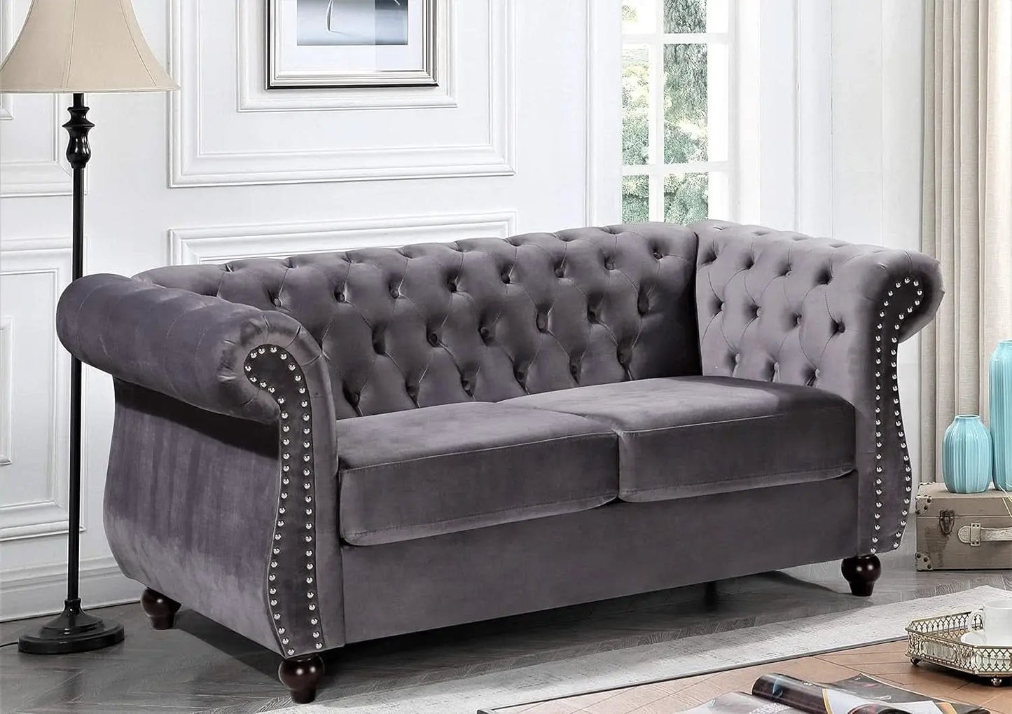 Modern Pink Velvet Chesterfield Loveseat With Tufted Back from PriceLows™
