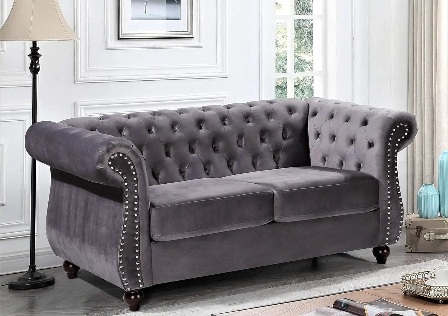 Modern Pink Velvet Chesterfield Loveseat With Tufted Back from PriceLows™
