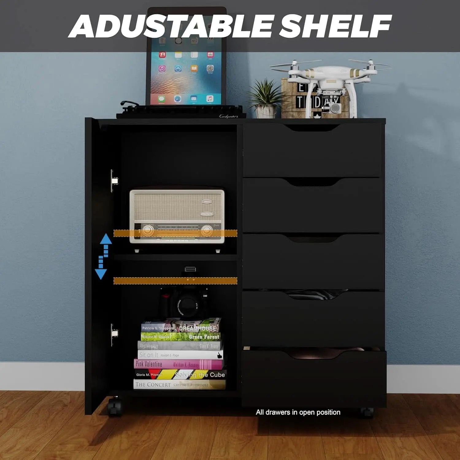 Premium SolidWood Black Five Drawer Interlocking Chest from PriceLows™