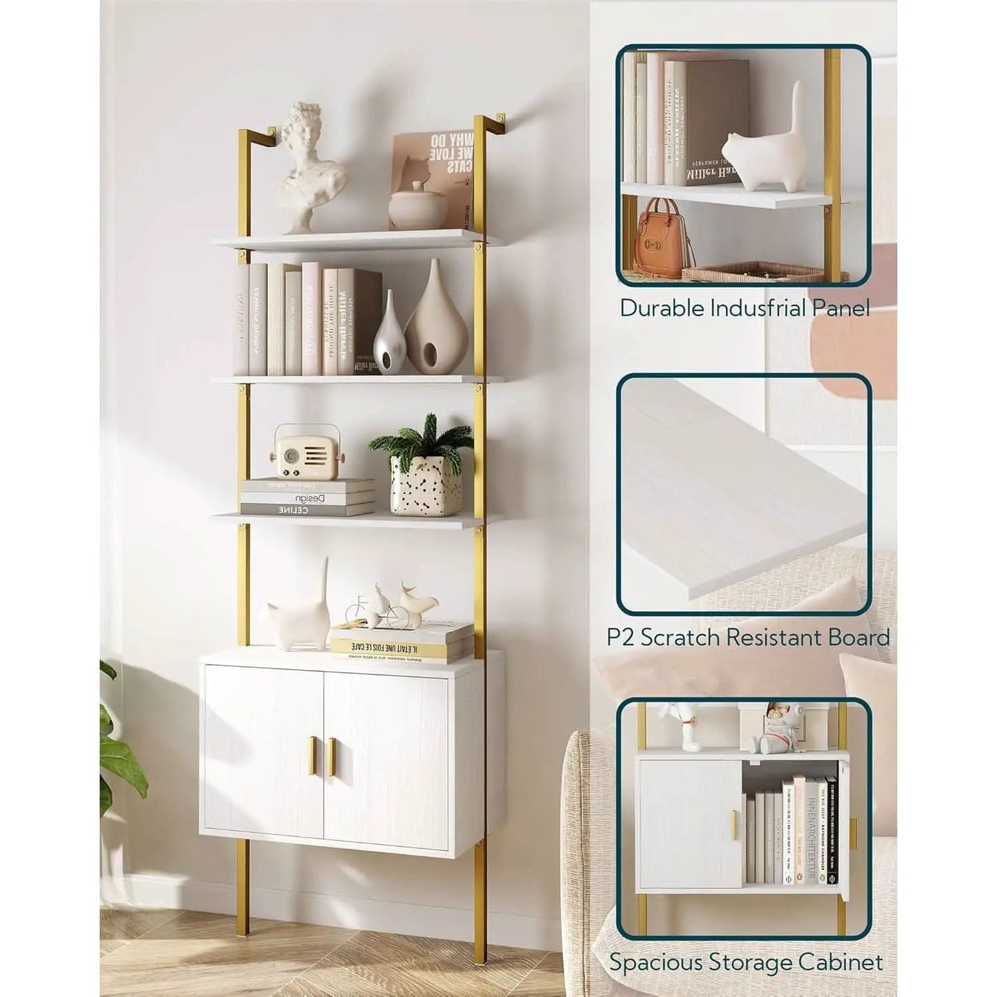 73 Inch Tall Bookshelf With Cabinet Industrial Ladder Wall Shelf White Gold from PriceLows™