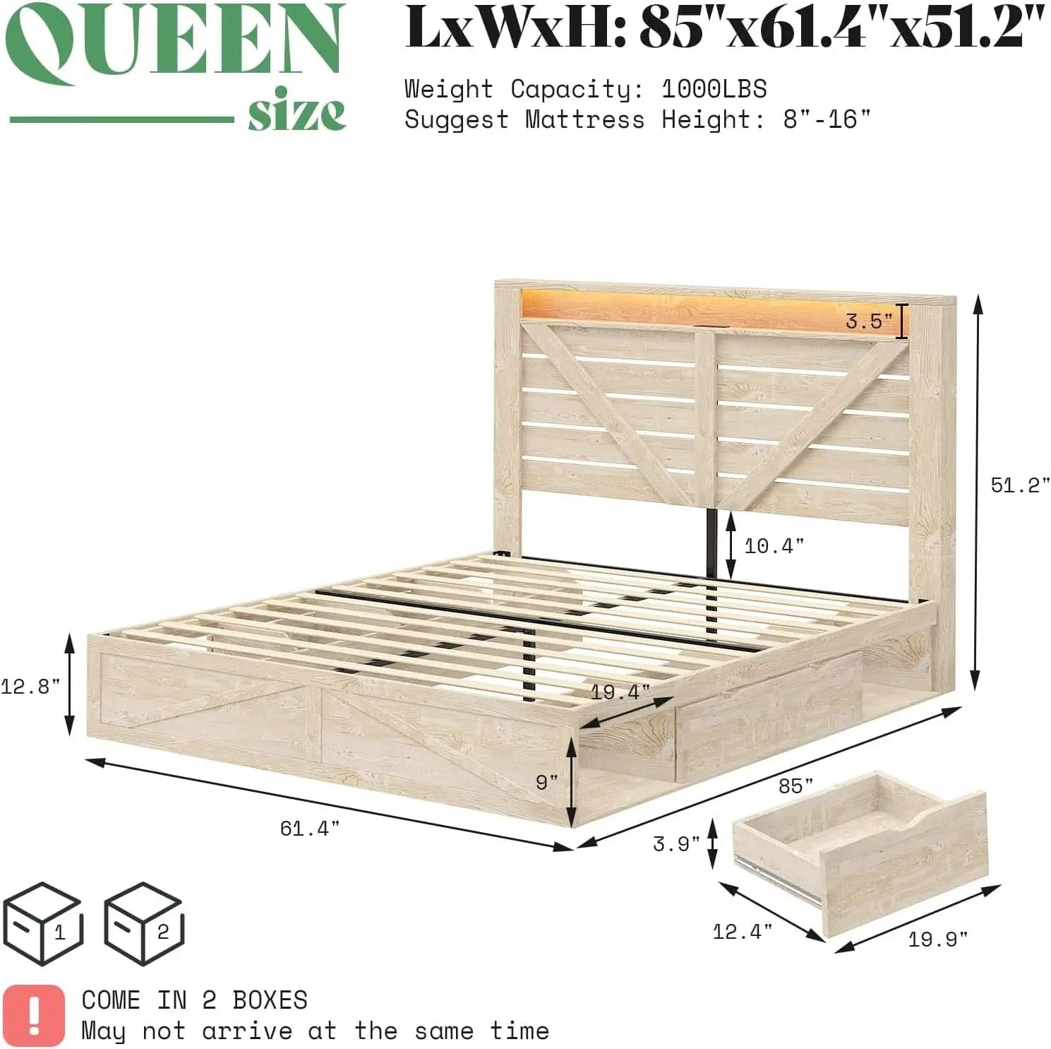 Queen Size Farmhouse Storage Bed With LED Lighting from PriceLows™