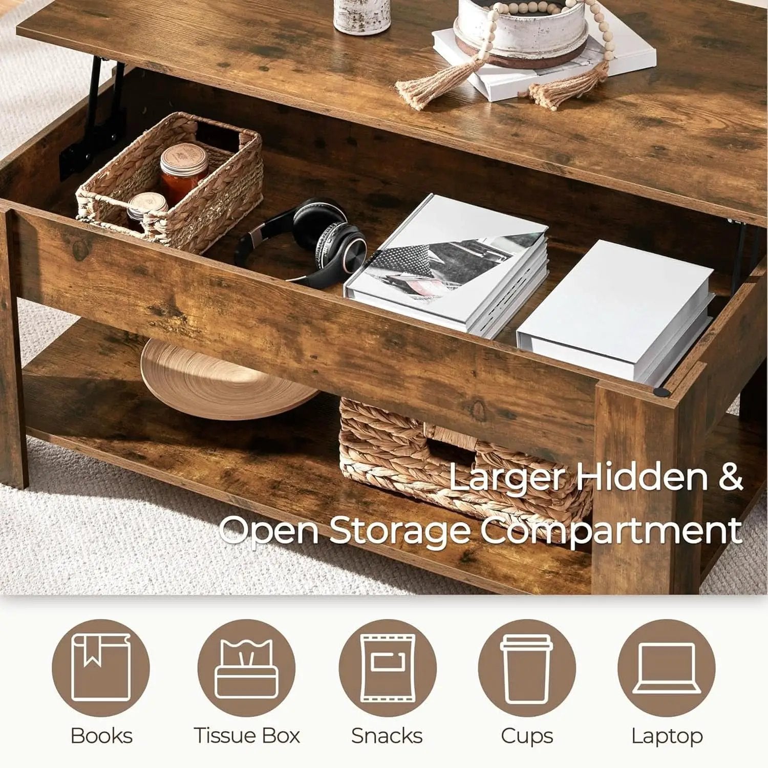 Coffee Table 47.5 Inch Lift Top With Hidden Compartment Rustic Brown from PriceLows™