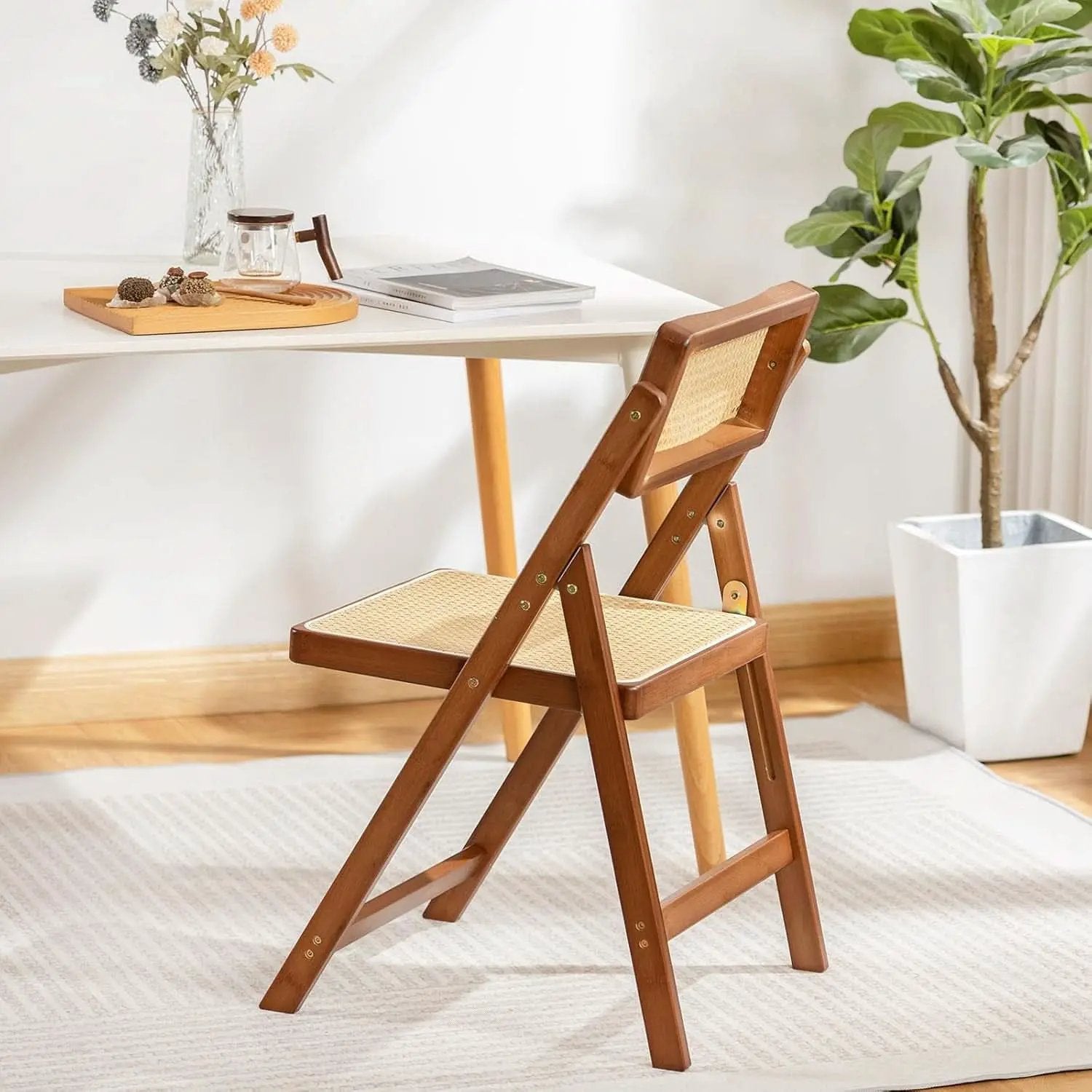 Rattan Folding Chair Walnut Finish Indoor Outdoor Dining from PriceLows™