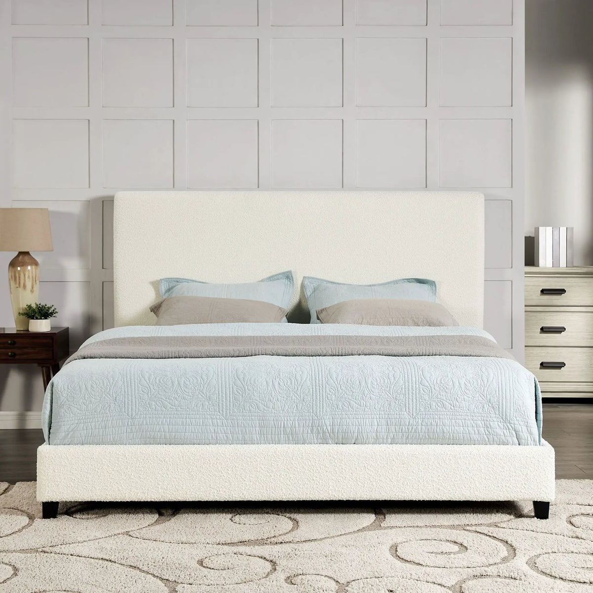 Platform Bed | Upholstered Headboard | Laminated Veneer Lumber | CNC-Cut Plywood Frame