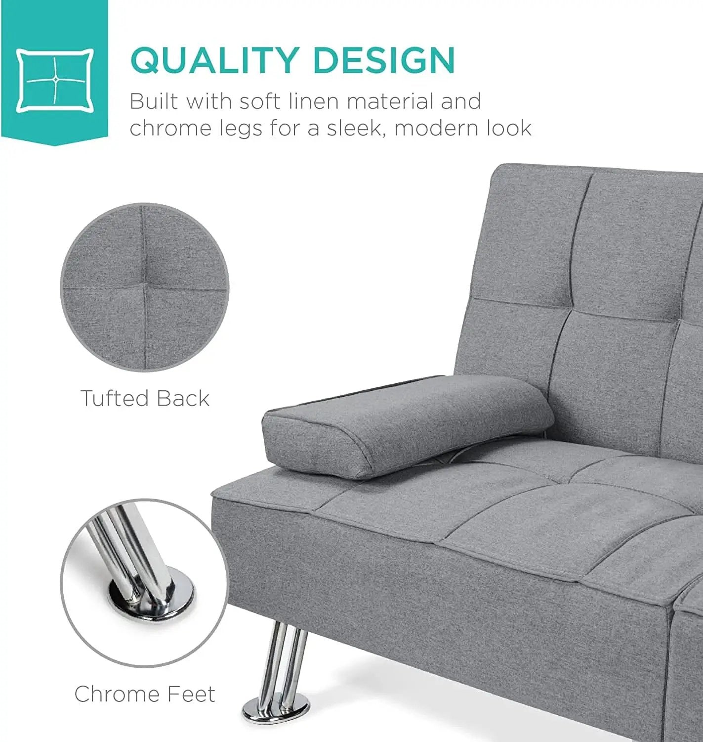 Gray Linen Modern Folding Futon Sofa Bed With Armrests from PriceLows™