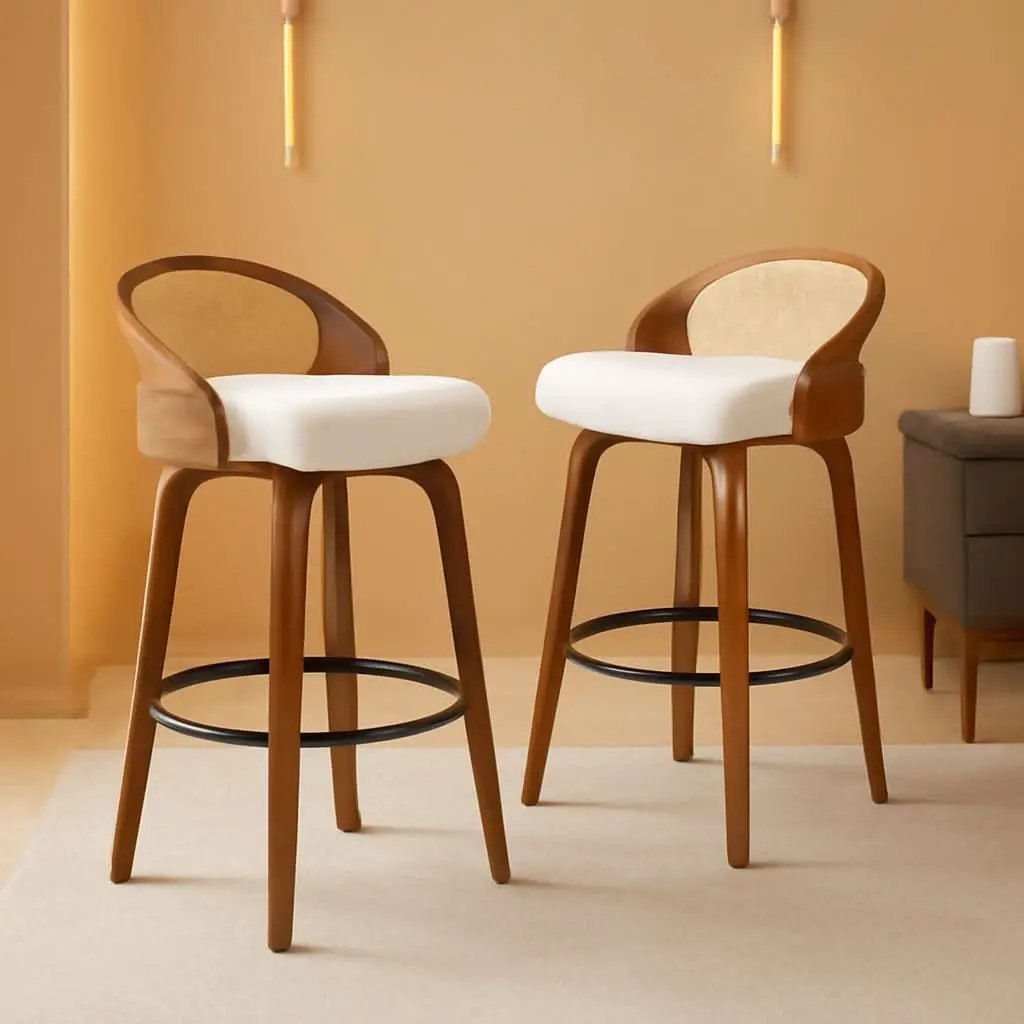 Set Of Two 25 Inch Beige Rattan Swivel Counter Stools With Linen Upholstery Mid Century Modern from PriceLows™