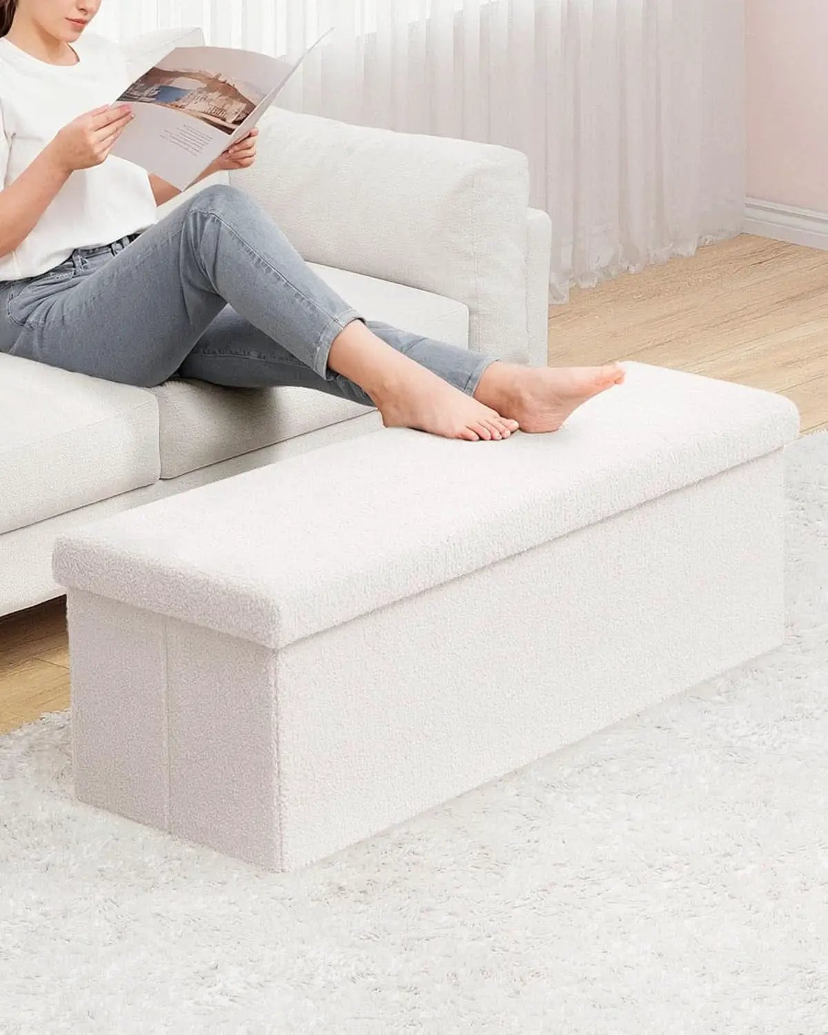 Cream White Faux Fur Storage Ottoman 43.3 Inch Dimensions from PriceLows™