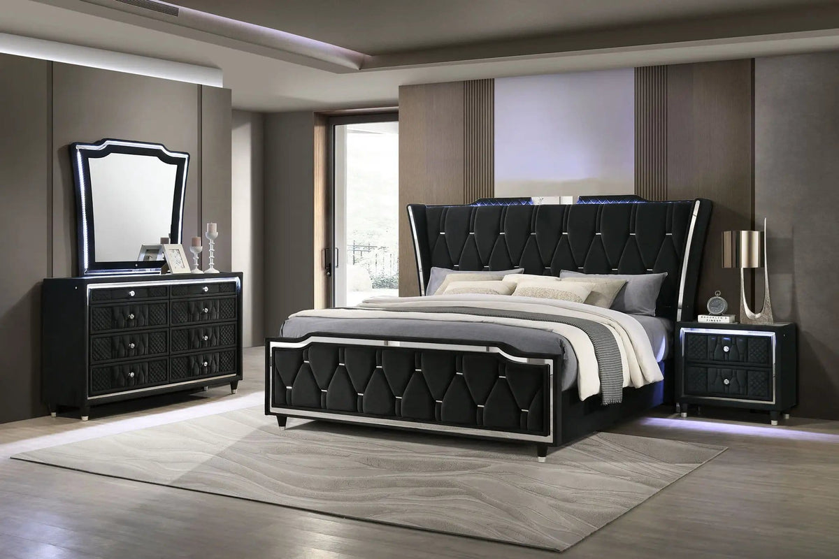 Lorient 4-piece Eastern King Bedroom Set | 4-Piece Set | Velvet & Tempered Glass | Black