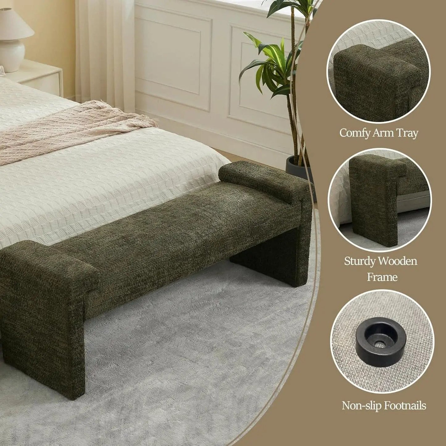 Green Upholstered End Of Bed Bench Curved Wood Frame from PriceLows™
