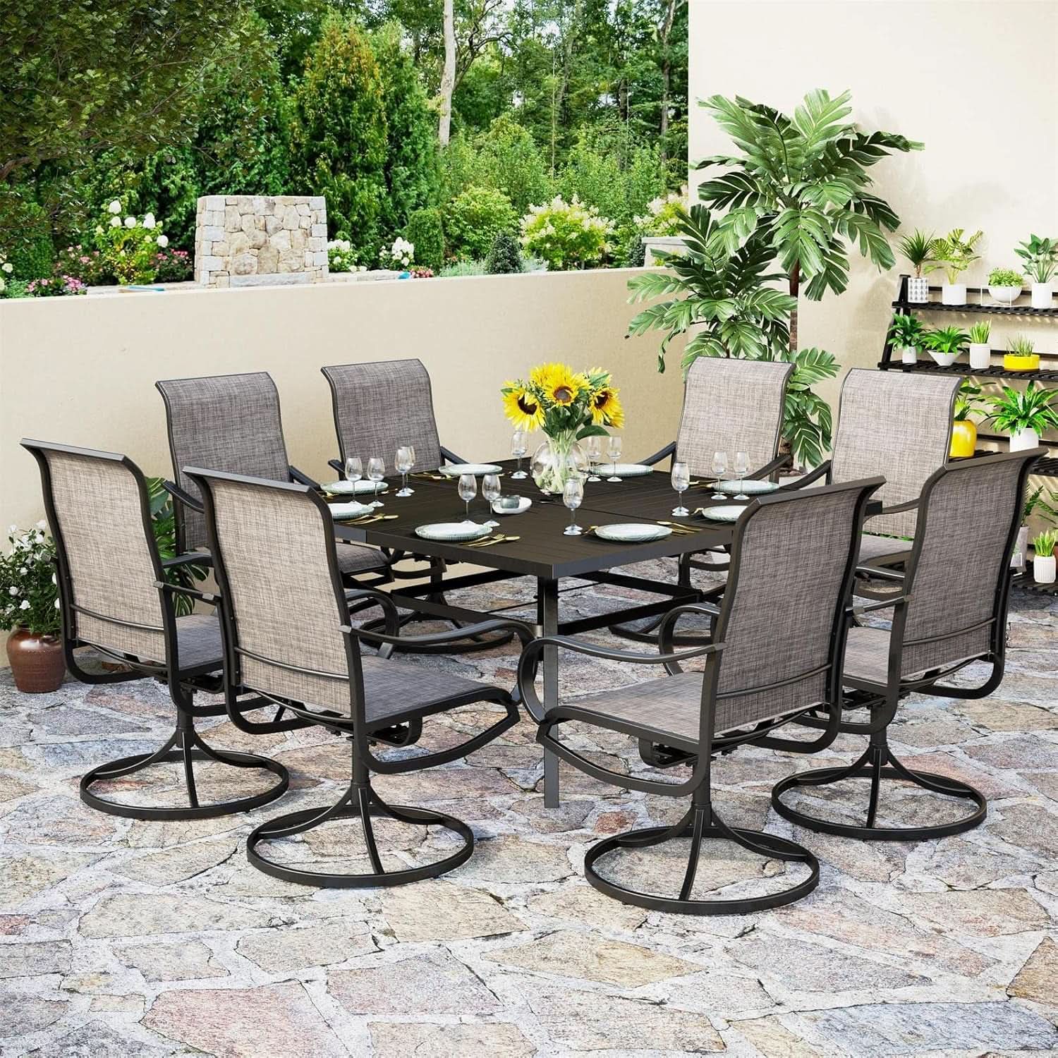 9 Piece Patio Dining Set With Large Square Metal Table And 8 Swivel Chairs from PriceLows™