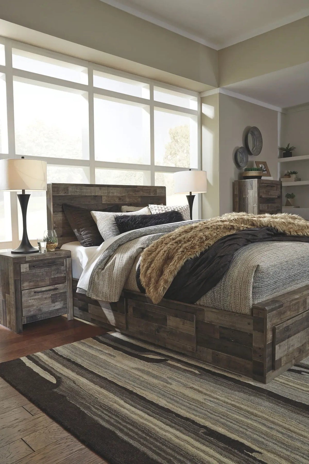 Derekson Panel Bedroom Set | 4-Piece | Rustic Butcher Block Finish | Replicated Pine Grain