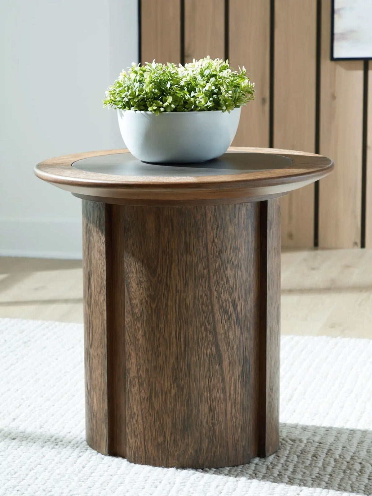 Dontayne Round End Table | Faux Cement Top | Warm Wood-Tone Finish | 24 Inch Diameter