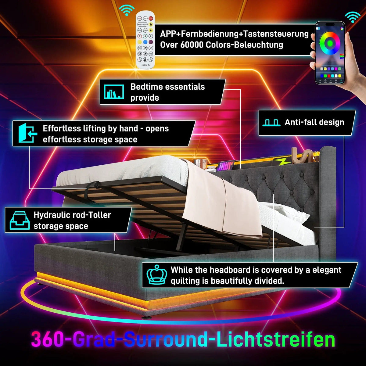 Upholstered Bed, 360 Surround LED Function, Remote Control, Hydraulic Storage Bed | 8 Pieces | Fabric & Iron | Bedroom