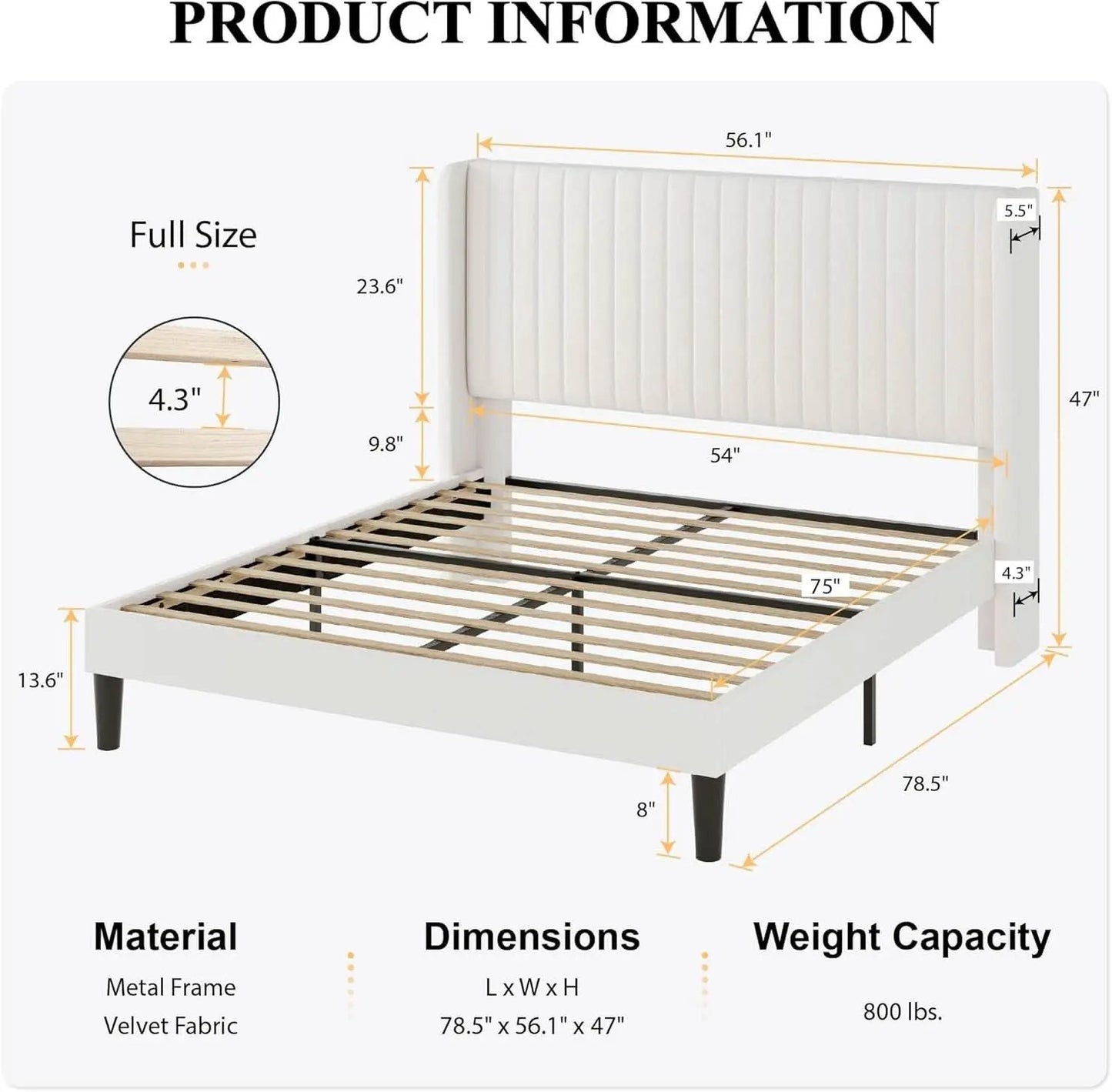Velvet Upholstered Full Bed Frame With Wingback Headboard from PriceLows™