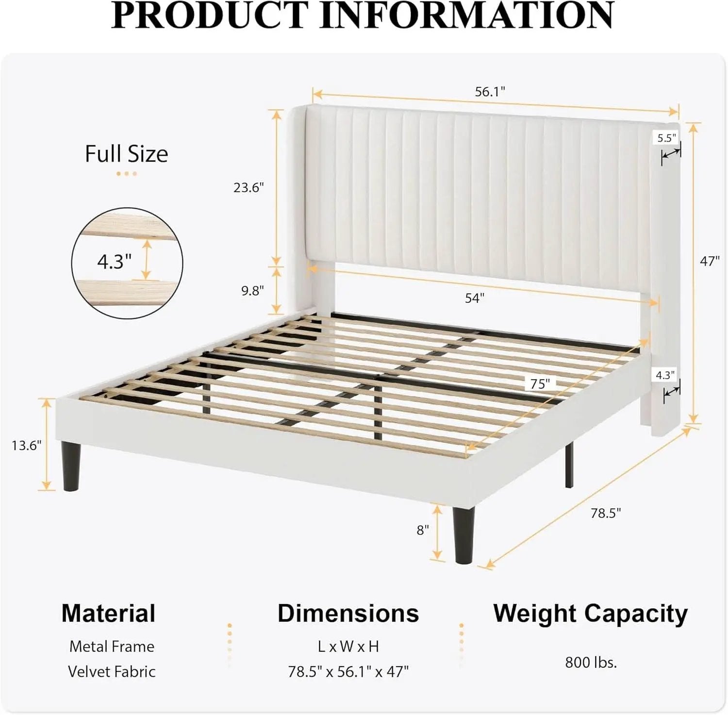 Velvet Upholstered Full Bed Frame With Wingback Headboard from PriceLows™