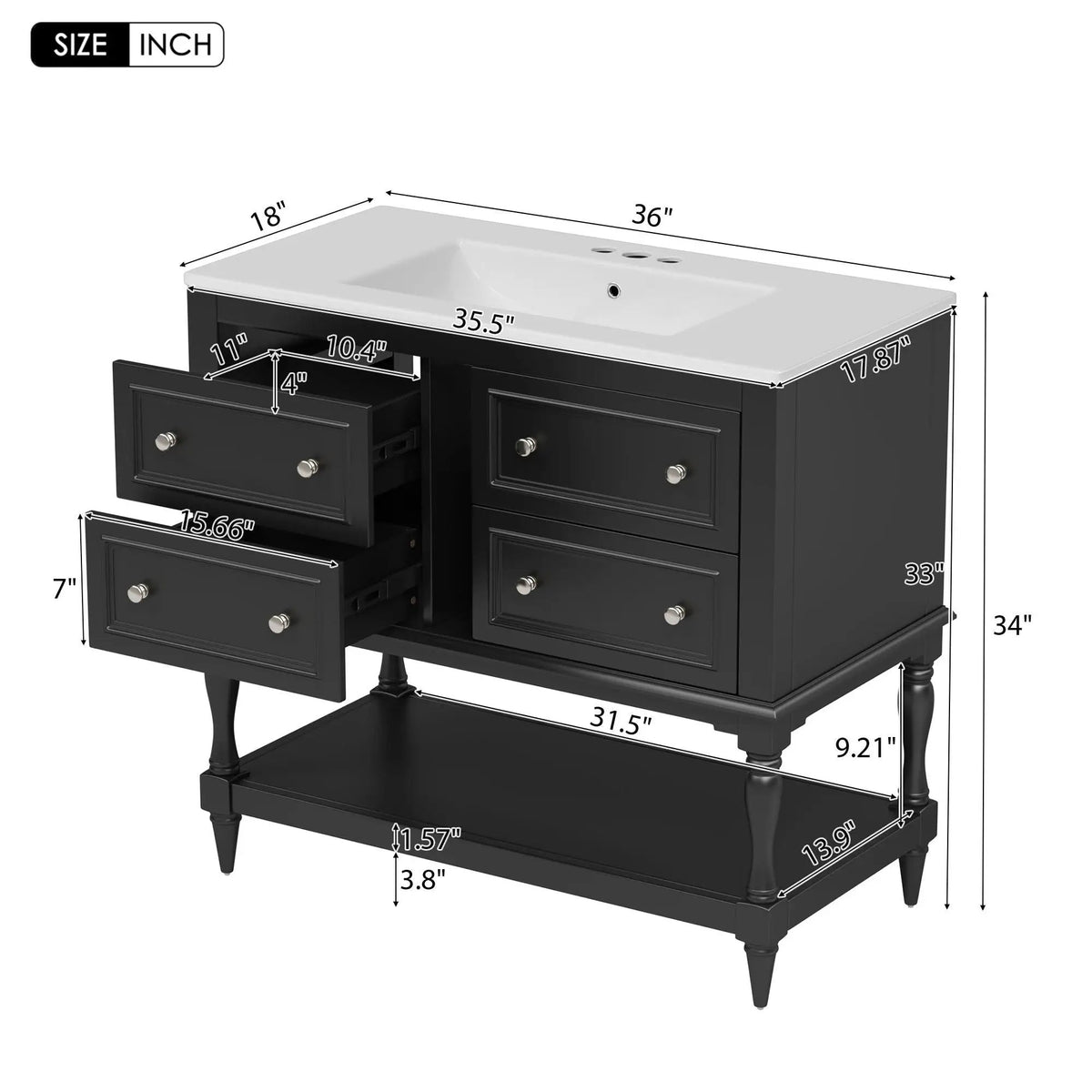 36 Inch Bathroom Vanity With Undermount Sink | 4 Extension Drawers | Solid Wood Frame | Ceramic Sink