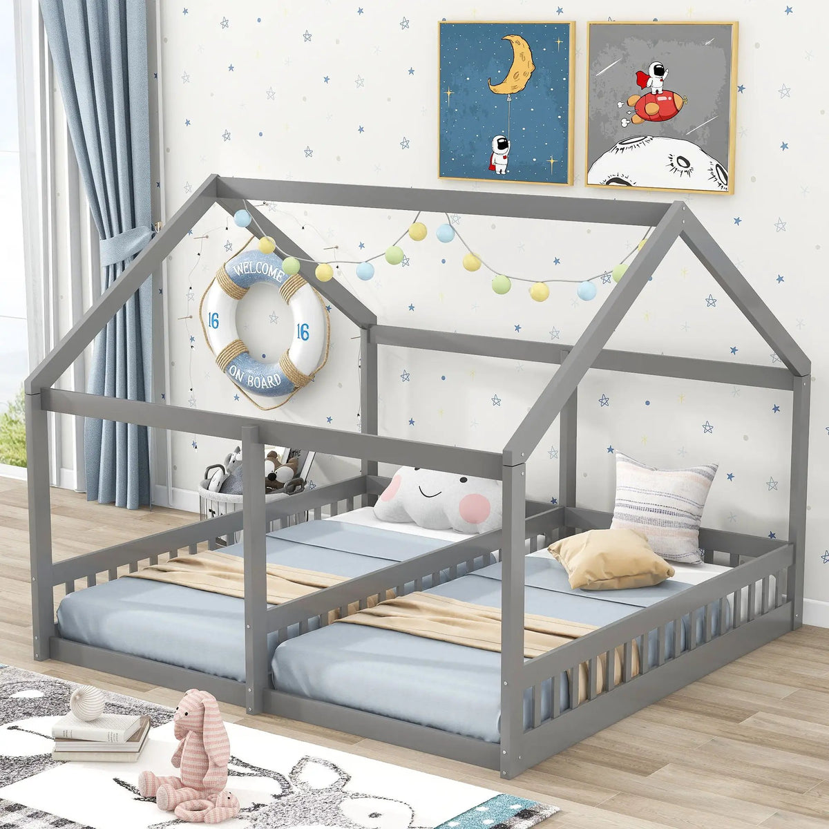 House Platform Bed | Solid Steel Frame | Twin Shared Bunks | Built In Guards