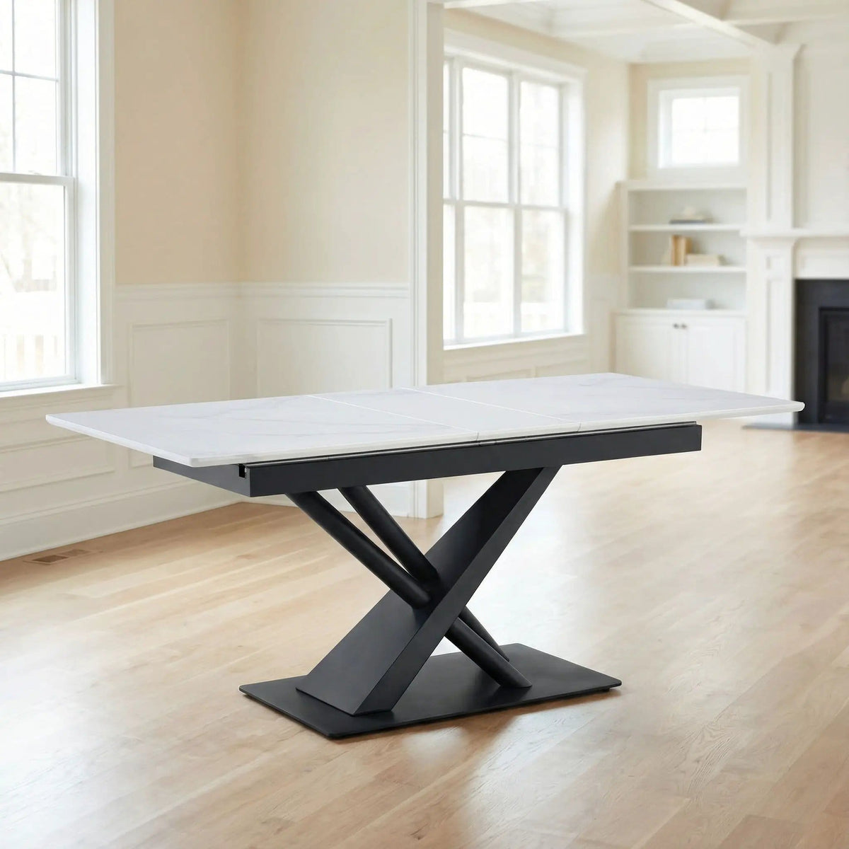 Dining Table With Geometric X Frame For Kitchen Or Dining Room White Marble | 70.98 x 33.5 x 29.7 in | Marble & Iron | Dining Room