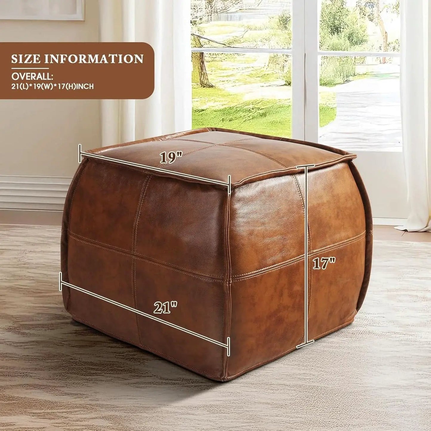 Authentic Brown Leather Ottoman Square Memory Foam from PriceLows™