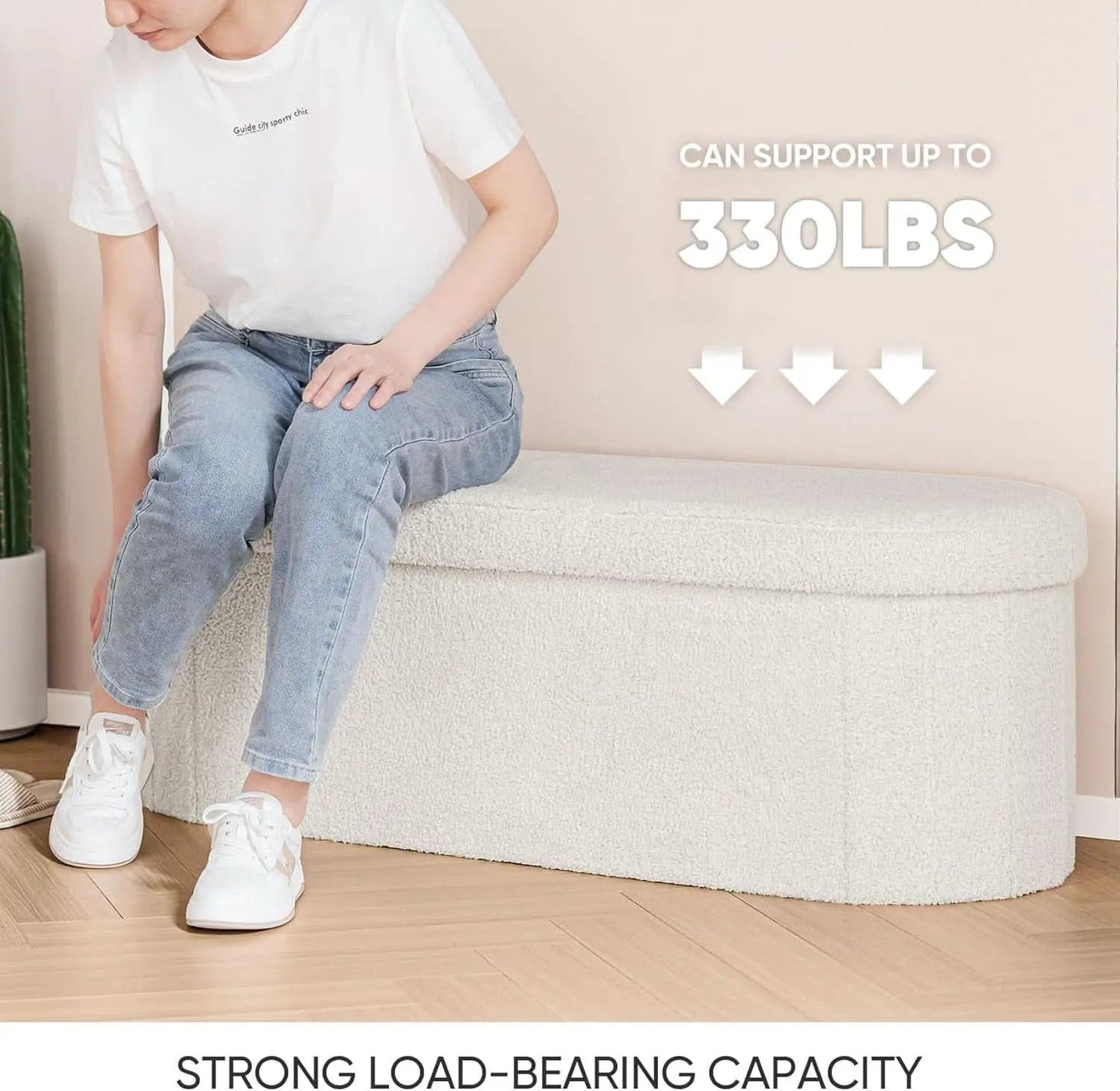 Sherpa Lined Folding Storage Ottoman 43.3 Inch White from PriceLows™