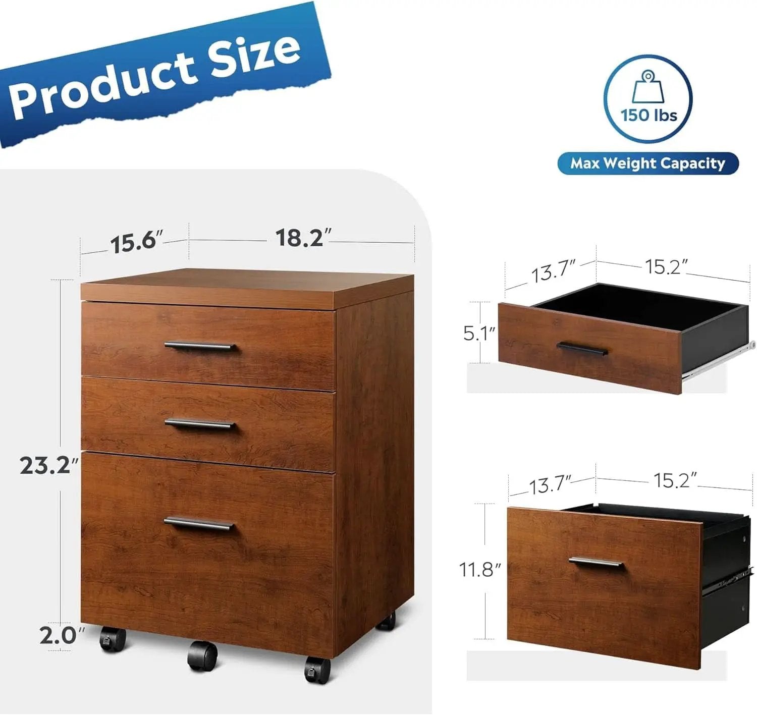 Walnut 3 Drawer File Cabinet For Home Office Under Desk With Rolling Wheels Printer Stand from PriceLows™