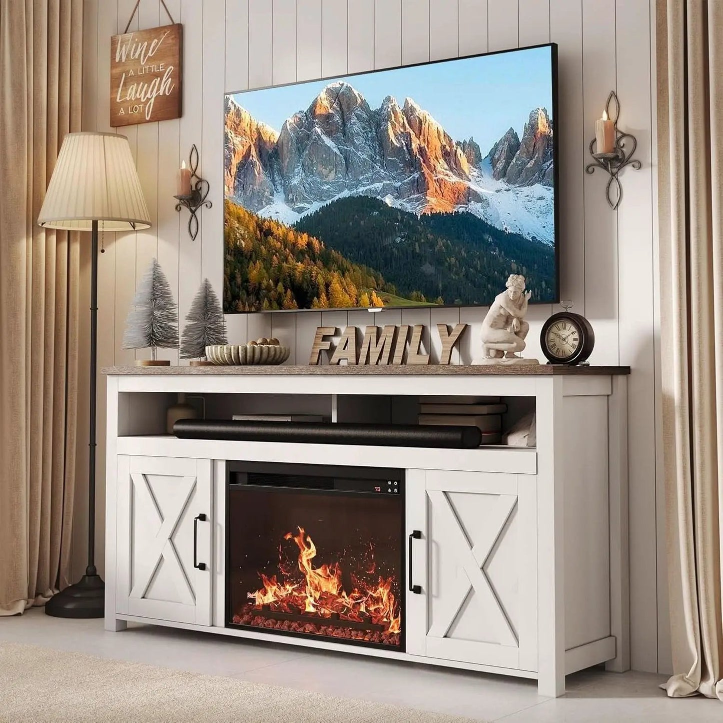 58 Inch White Farmhouse Fireplace TV Stand Cabinet from PriceLows™