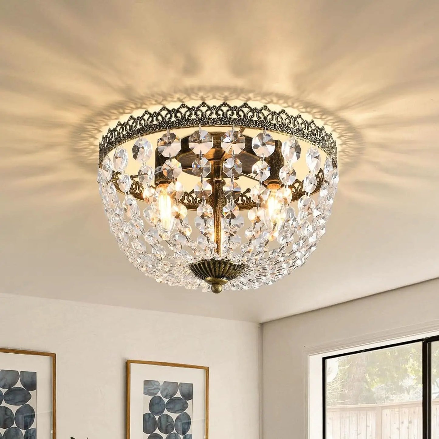 Three Light French Empire Crystal Chandelier Antique Bronze Dimmable Flush Mount from PriceLows™